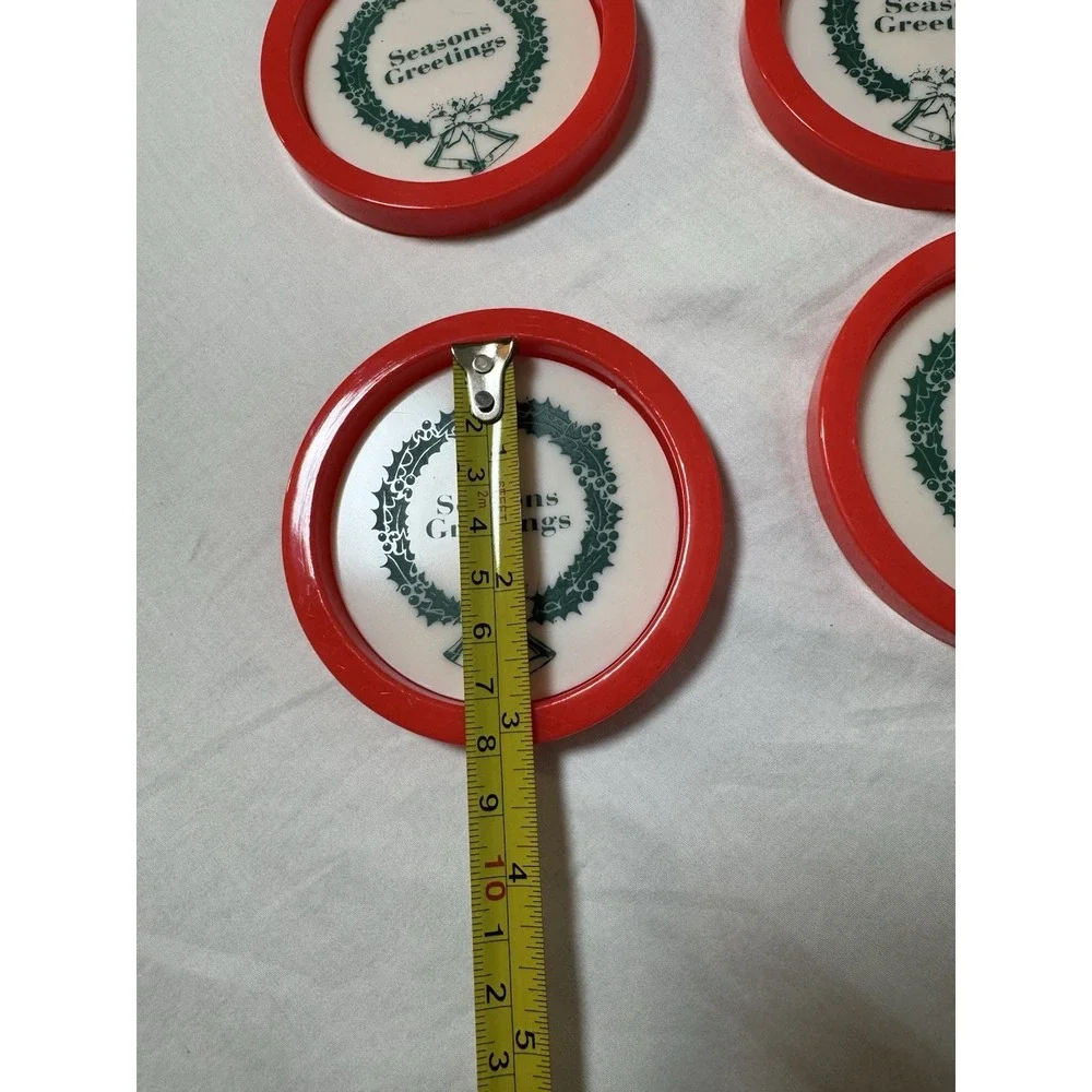Vintage Christmas Coasters Plastic Seasons Greetings Set Of 4 Red Green White